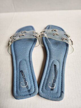 Y2K Blue Denim Rhinestone Bow Clear Strap Slide Sandals Women's 8M NWOT